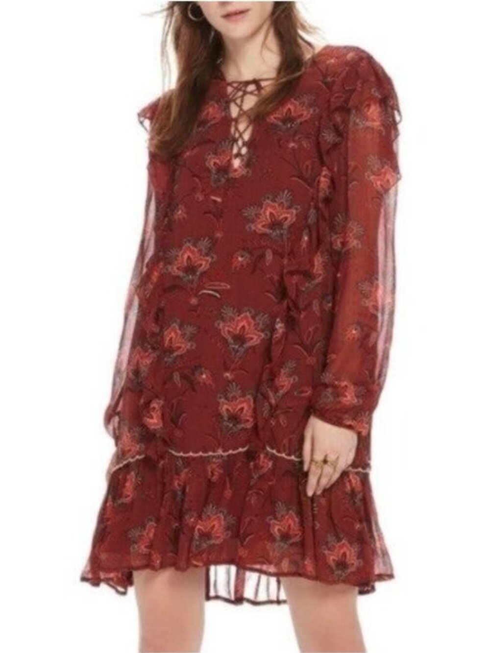 Scotch and Soda | Print Drop Hem Floral Paisley Dress Brown Burnt Orange
